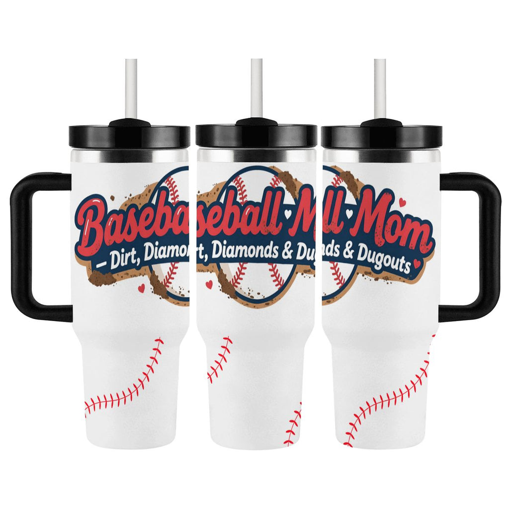 Three views of a white tumbler with black handles and lids, featuring 'Baseball Mom: Dirt, Diamonds and Dugouts' text and baseball design on a white background.