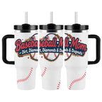 Three views of a white tumbler with black handles and lids, featuring 'Baseball Mom: Dirt, Diamonds and Dugouts' text and baseball design on a white background.