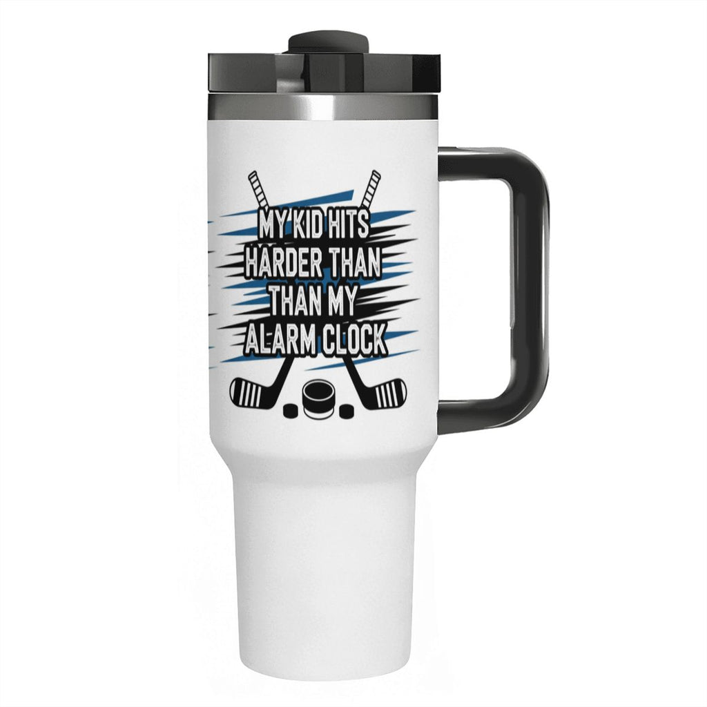 "My Kid Hits Harder Than My Alarm Clock" Hockey Mom 40oz Tumbler with Handle and Straw - Magnolia Wild SC