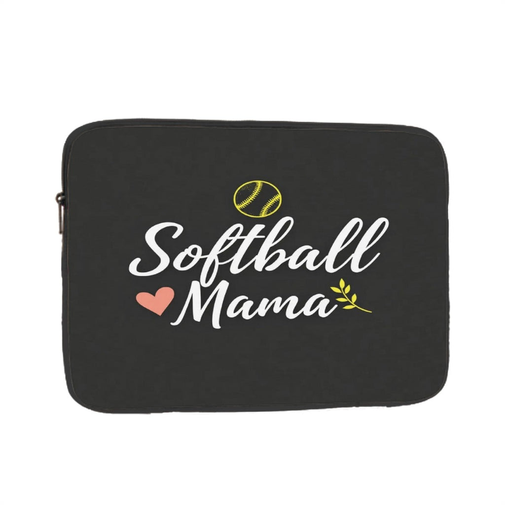 Black laptop bag with 'Softball Mama' text and softball graphics on a white background