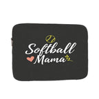 Black laptop bag with 'Softball Mama' text and softball graphics on a white background