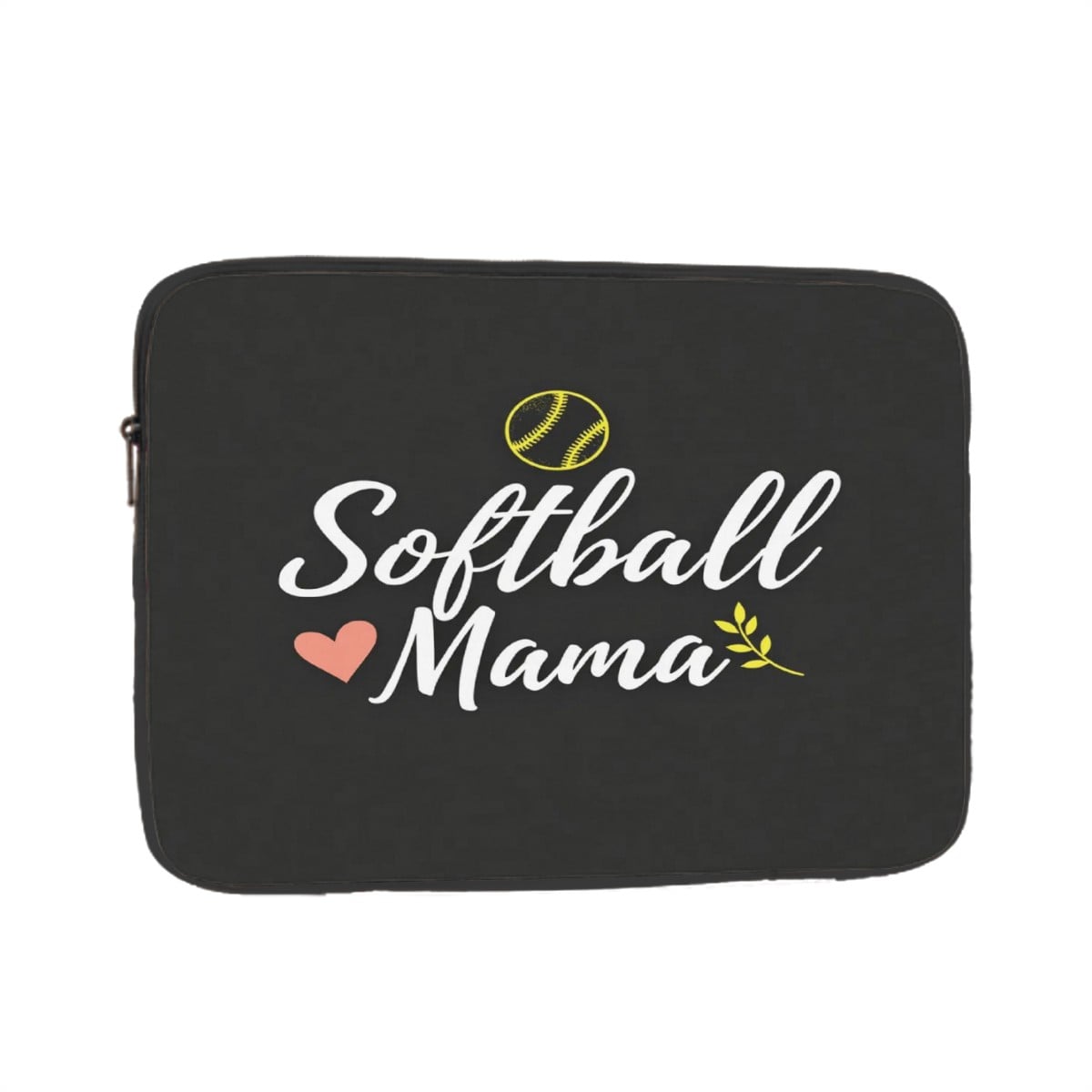 Black laptop bag with 'Softball Mama' text and softball graphics on a white background