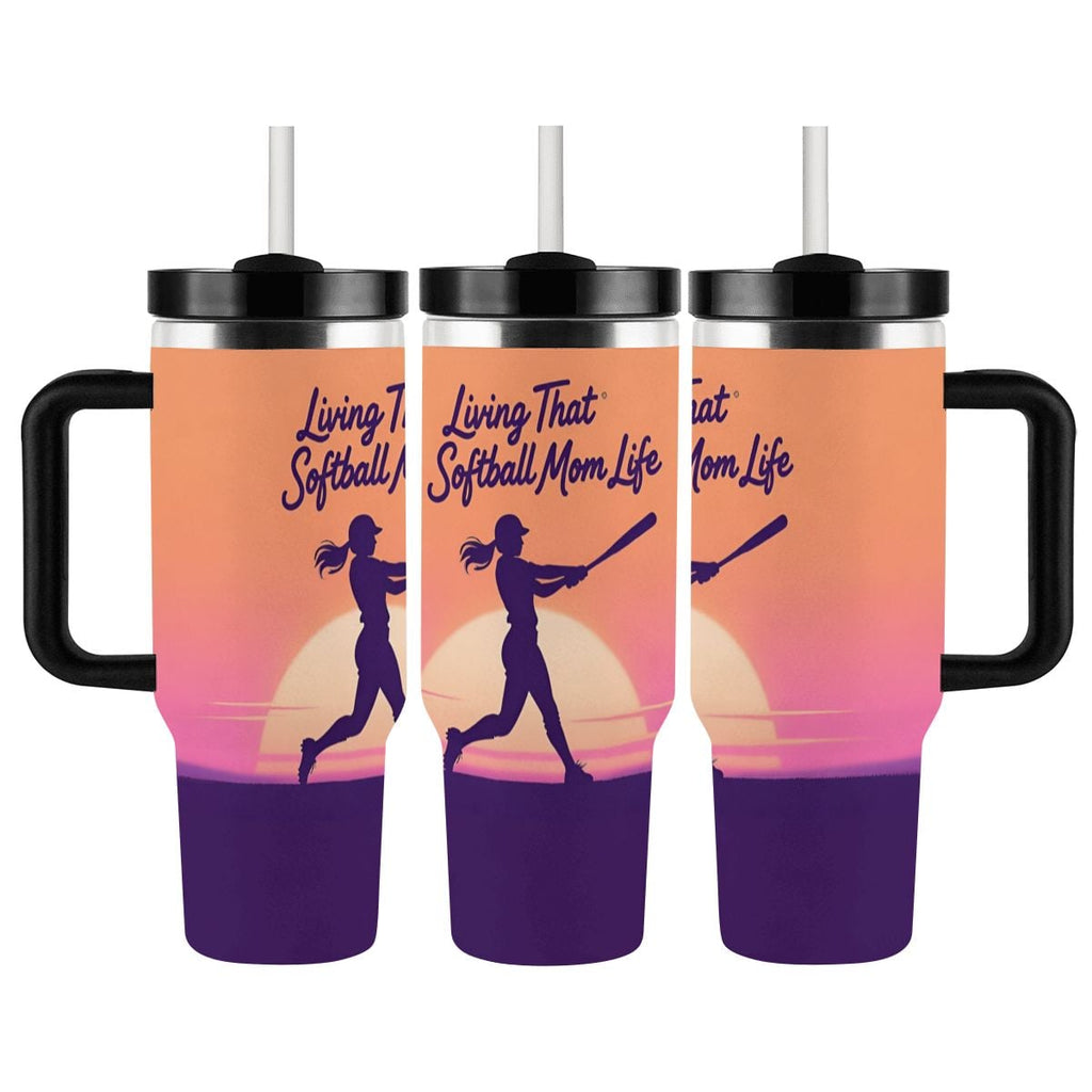 Three views of travel mug with a softball mom design on an orange to purple gradient background.