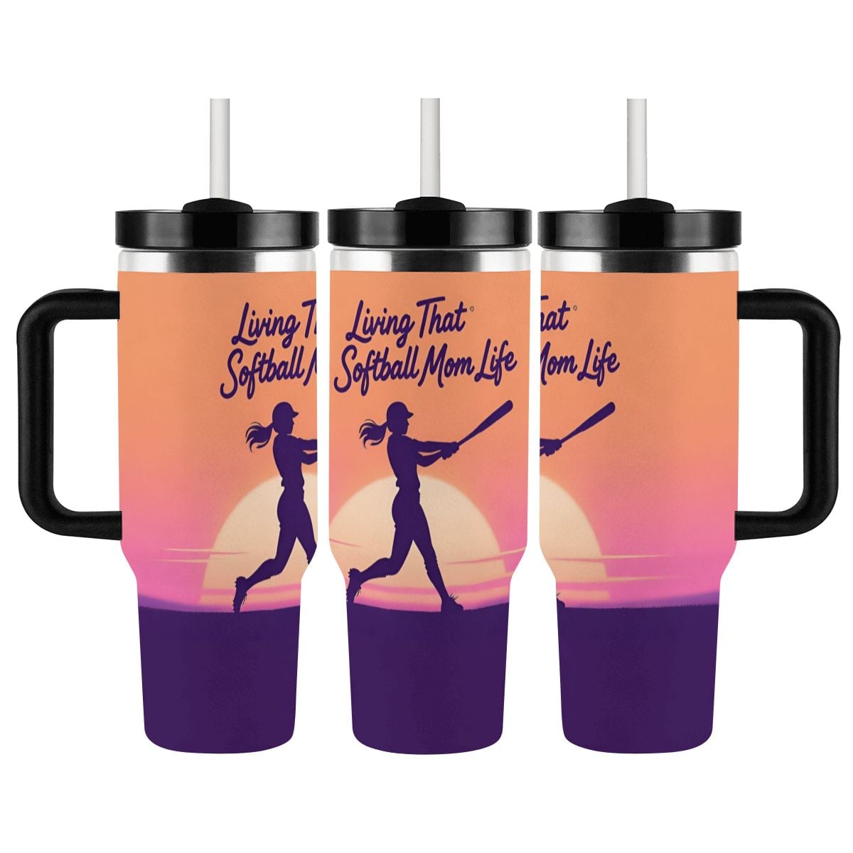 Three views of travel mug with a softball mom design on an orange to purple gradient background.