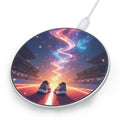 Wireless charging pad with a design of shoes on a race track and colorful abstract pattern.