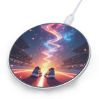 Wireless charging pad with a design of shoes on a race track and colorful abstract pattern.