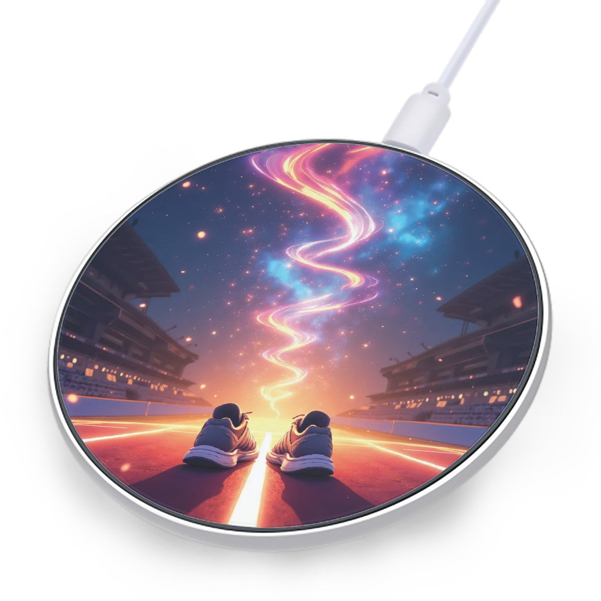 Wireless charging pad with a design of shoes on a race track and colorful abstract pattern.