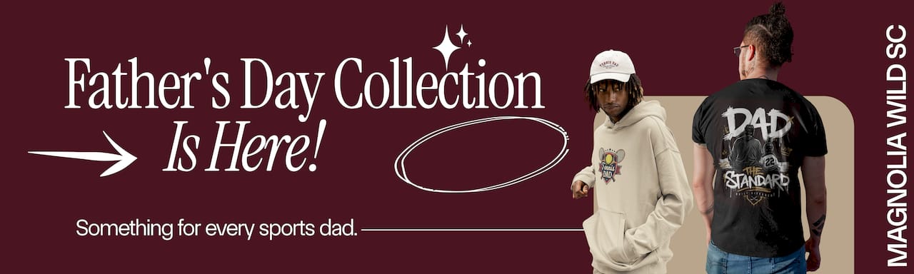 Promotional banner for Father's Day Collection with two people wearing hoodies and a text overlay.