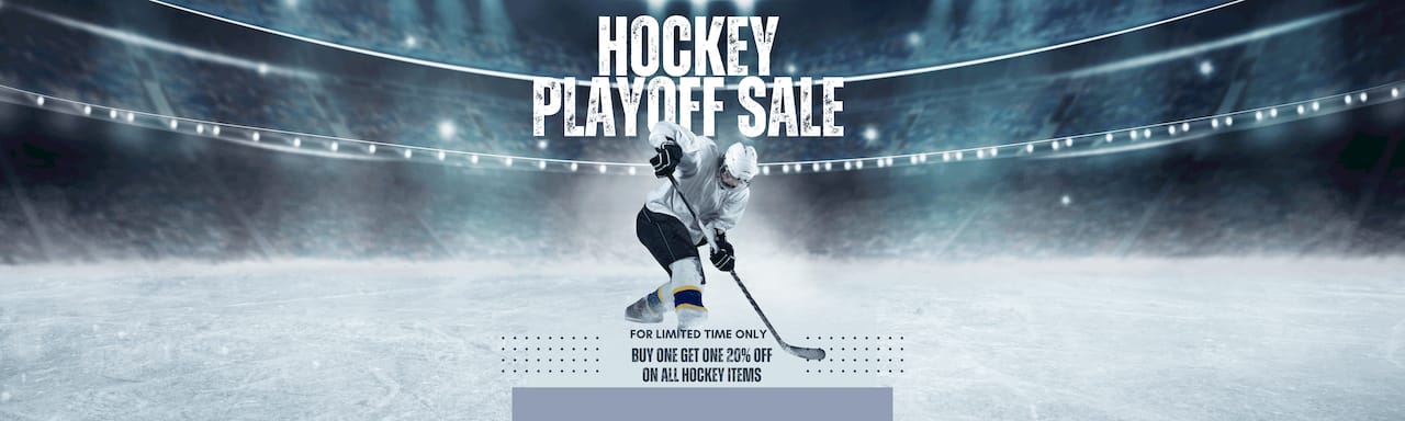 Hockey player on ice rink with 'Hockey Playoff Sale' text and stadium lights in the background