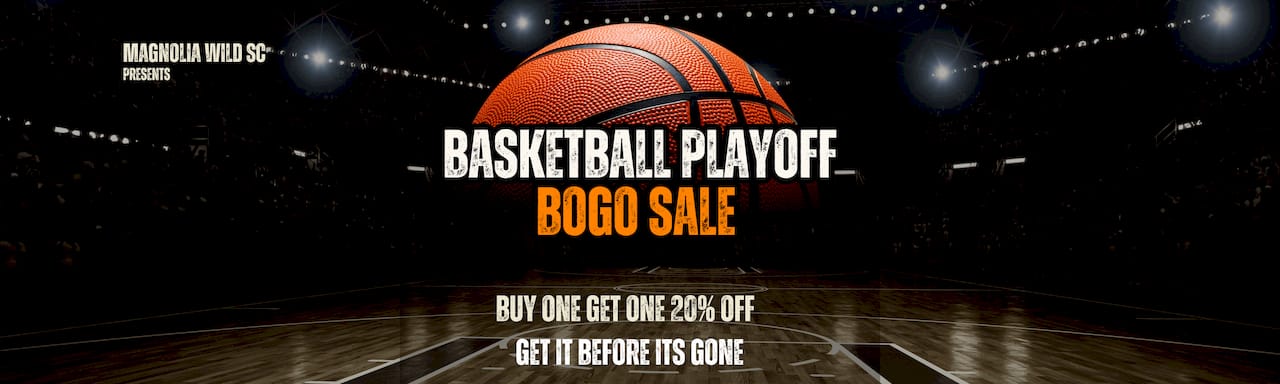 Basketball on a basketball court with promotional text for a BOGO sale.