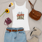 White tank top with 'Skating Mom' design, denim skirt, brown purse, sunflower, and camera on a light gray background