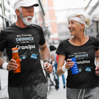 Man and woman running together wearing matching t-shirts with 'My Favorite Swimmer Calls Me Grandpa' and 'My Favorite Swimmer Calls Me Grandma'.