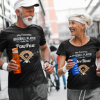 Two people wearing matching black t-shirts with tennis-themed text, walking together.