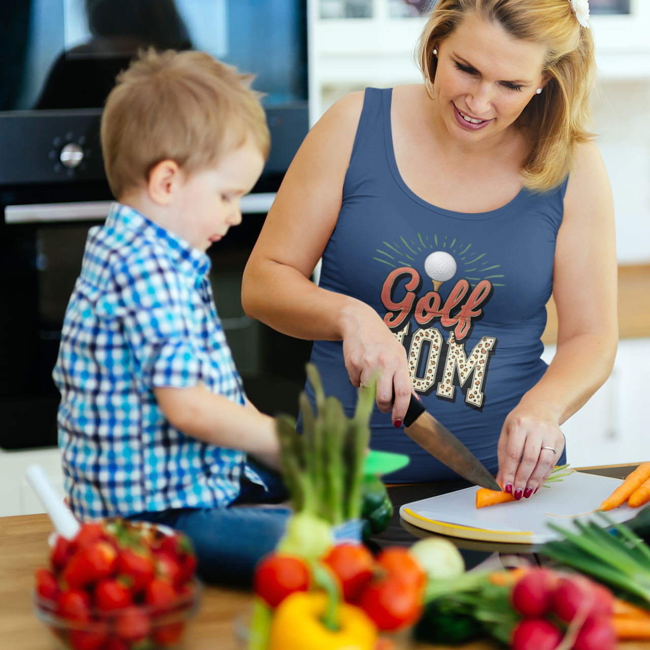 Woman and child preparing vegetables in a kitchen