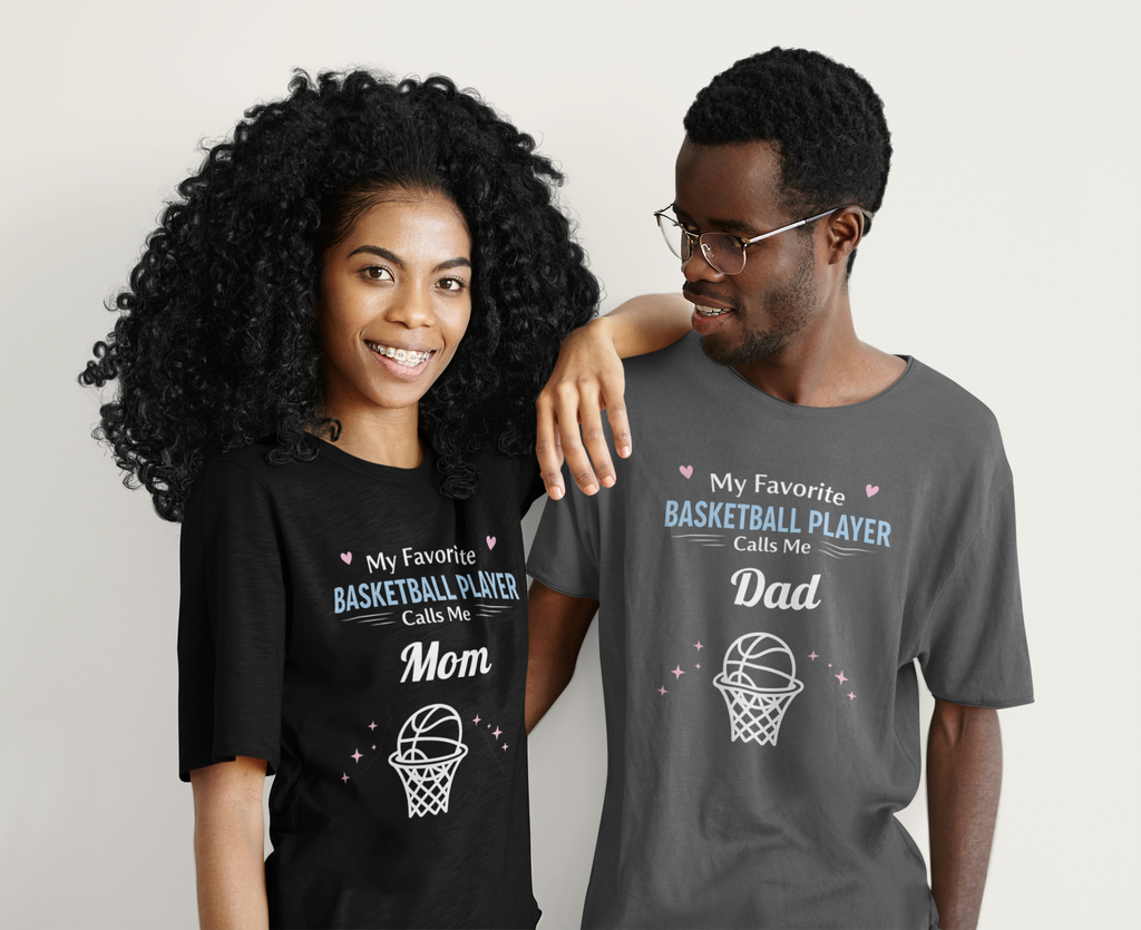 Two people wearing matching t-shirts with text about a swimmer and dad.